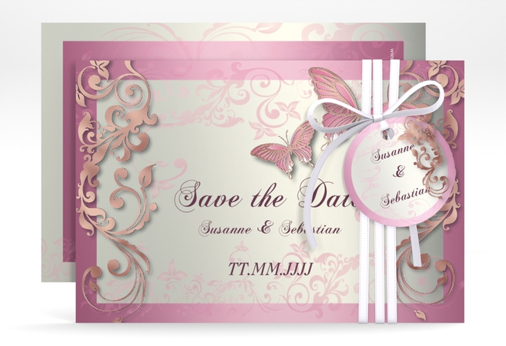 Save the Date-Karte Hochzeit Toulouse A6 Karte quer rosa rosegold romantisch mit Schmetterlingen