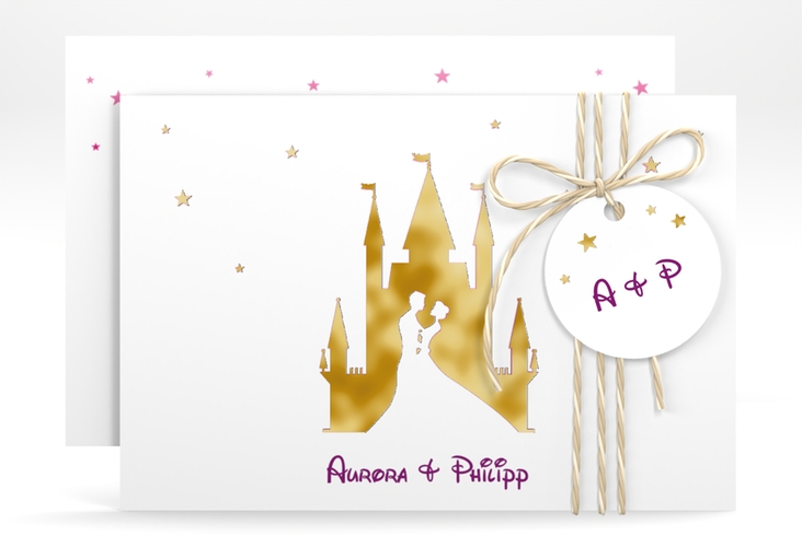 Save the Date-Karte Castle A6 Karte quer pink gold