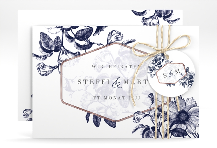 Save the Date-Karte Magnificent A6 Karte quer blau rosegold
