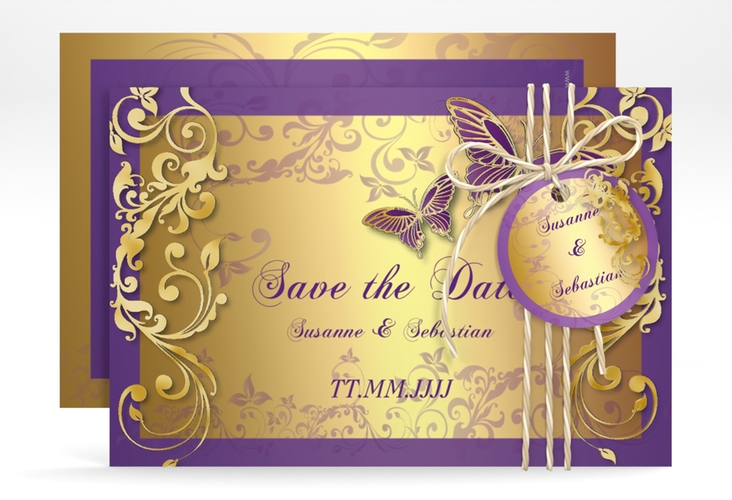 Save the Date-Karte Hochzeit Toulouse A6 Karte quer lila gold romantisch mit Schmetterlingen