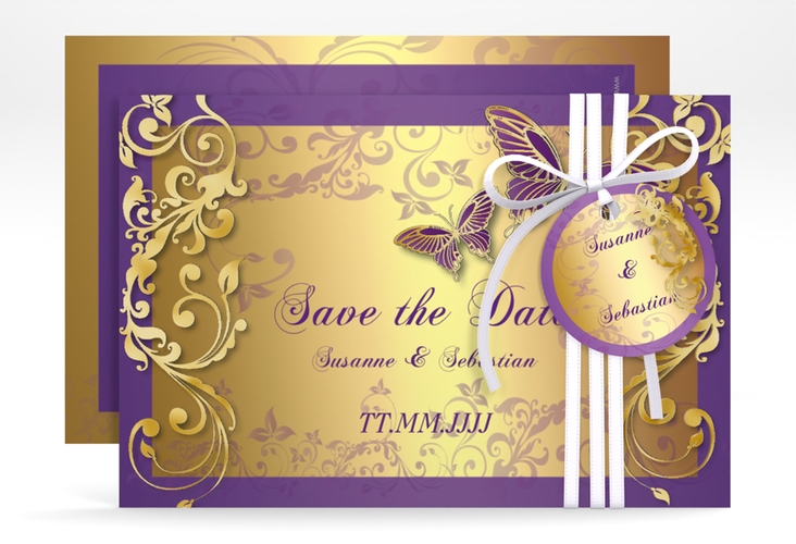 Save the Date-Karte Hochzeit Toulouse A6 Karte quer lila gold romantisch mit Schmetterlingen