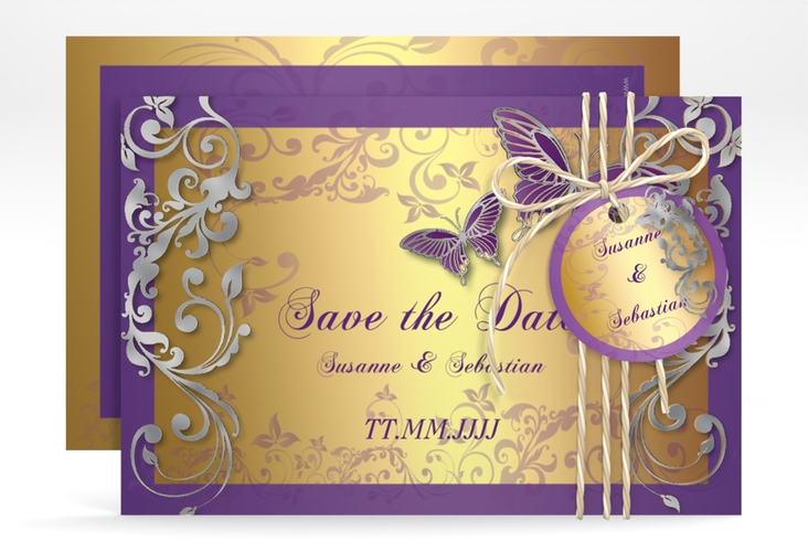 Save the Date-Karte Hochzeit Toulouse A6 Karte quer lila silber romantisch mit Schmetterlingen