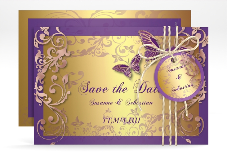 Save the Date-Karte Hochzeit Toulouse A6 Karte quer lila rosegold romantisch mit Schmetterlingen
