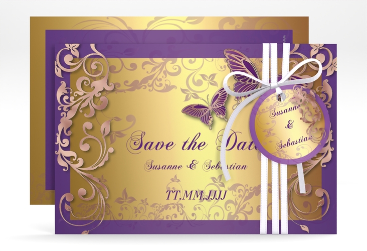 Save the Date-Karte Hochzeit Toulouse A6 Karte quer lila rosegold romantisch mit Schmetterlingen