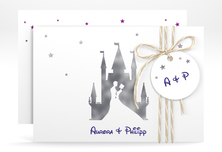 Save the Date-Karte Castle A6 Karte quer lila silber