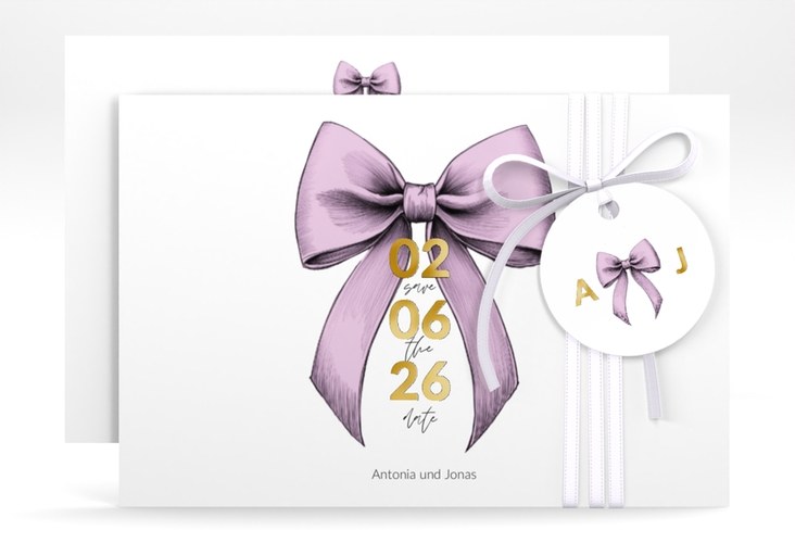Save the Date-Karte Schleife A6 Karte quer rosa gold