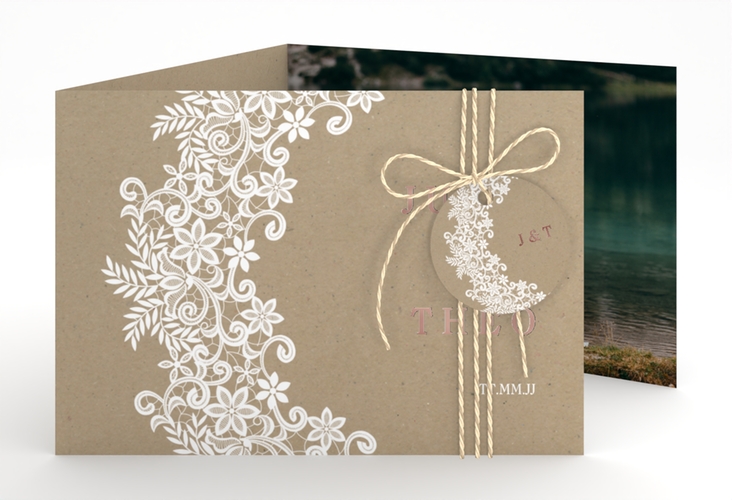 Hochzeitseinladung Mariage A6 Doppel-Klappkarte Kraftpapier rosegold mit Bogen aus weißer Spitze