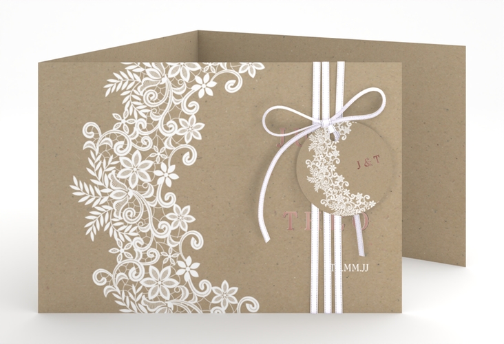 Hochzeitseinladung Mariage A6 Doppel-Klappkarte Kraftpapier rosegold mit Bogen aus weißer Spitze