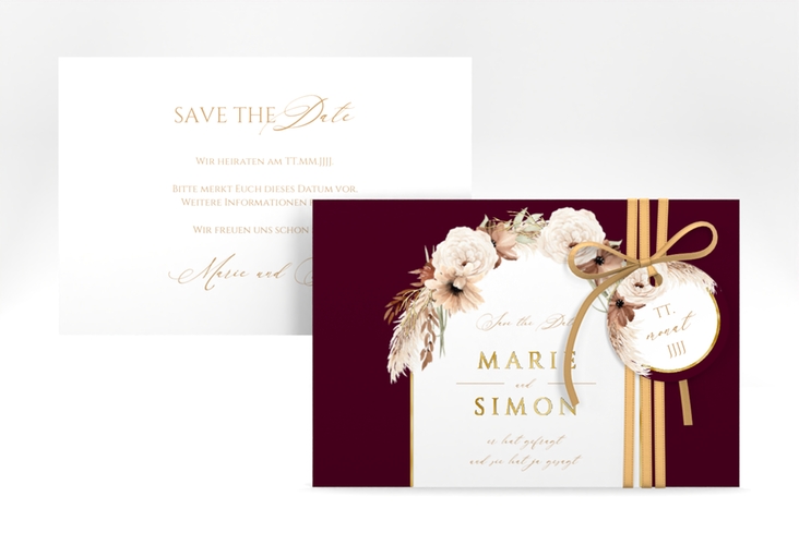 Save the Date-Karte Blumenbogen A6 Karte quer rot gold