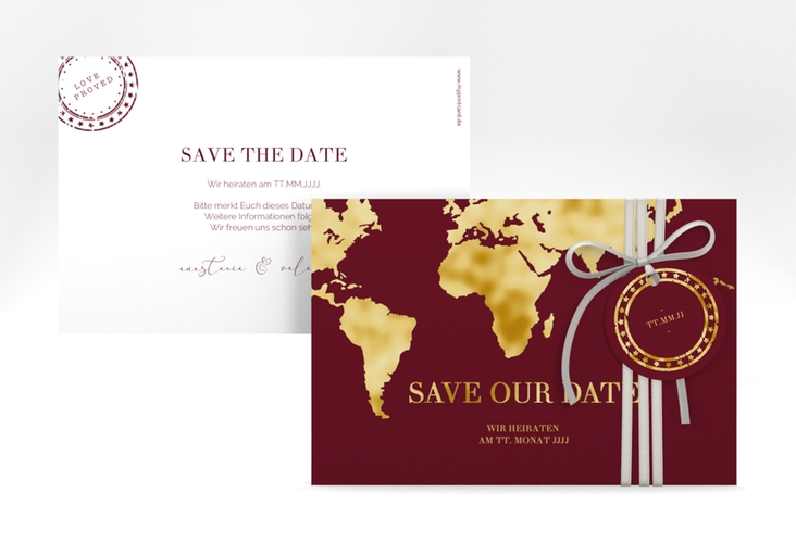 Save the Date-Karte Traumziel A6 Karte quer rot gold im Reisepass-Design