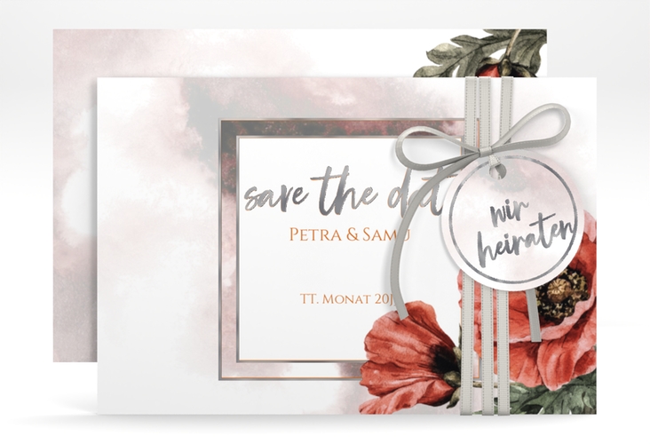 Save the Date-Karte Sommer A6 Karte quer rot silber mit Mohnblumen-Aquarell