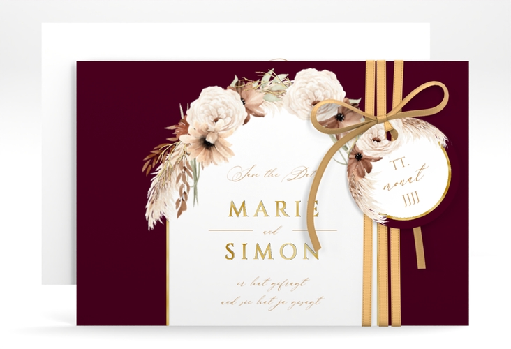 Save the Date-Karte Blumenbogen A6 Karte quer rot gold