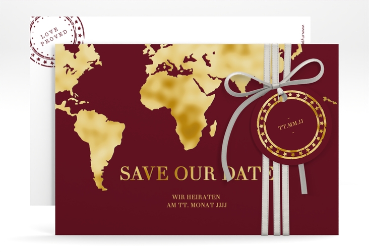 Save the Date-Karte Traumziel A6 Karte quer rot gold im Reisepass-Design
