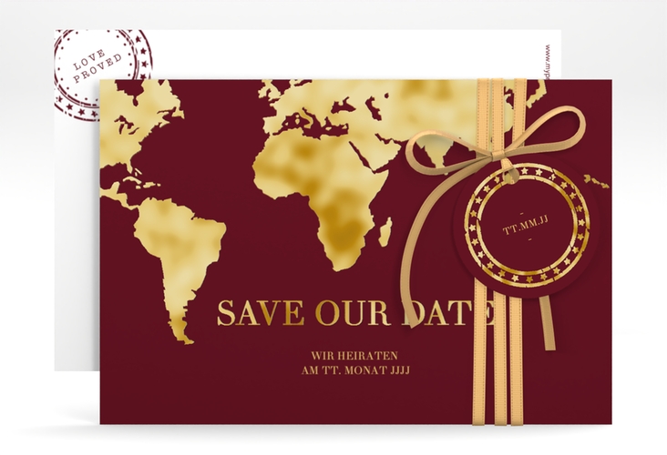 Save the Date-Karte Traumziel A6 Karte quer rot gold im Reisepass-Design