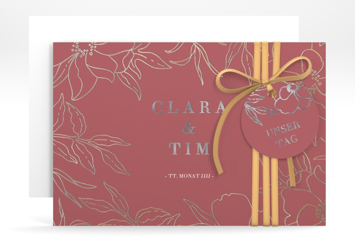 Save the Date-Karte Contour A6 Karte quer rot silber