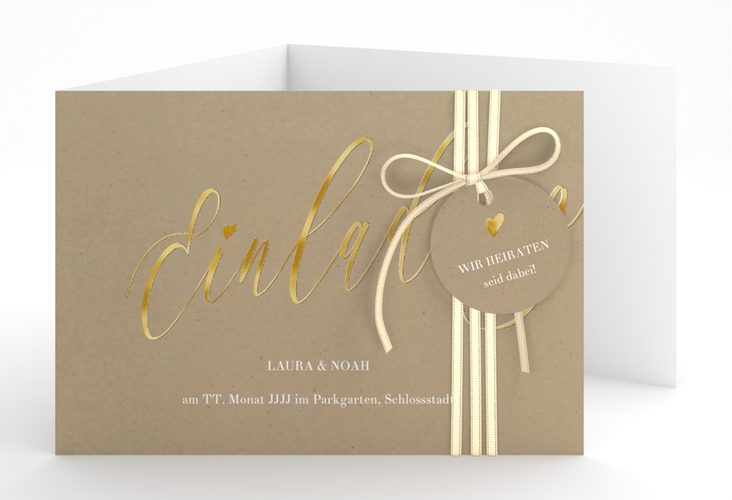 Hochzeitseinladung Kalligrafie A6 Doppel-Klappkarte Kraftpapier gold