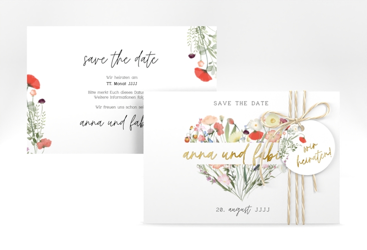 Save the Date-Karte Wildblumenherz A6 Karte quer bunt gold