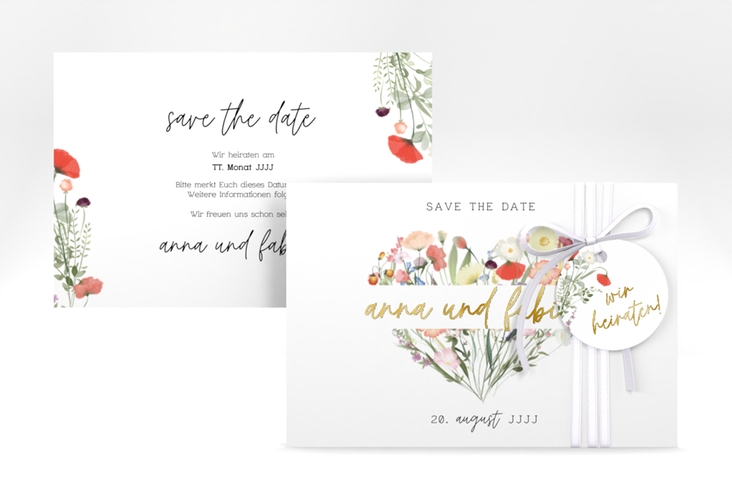 Save the Date-Karte Wildblumenherz A6 Karte quer bunt gold