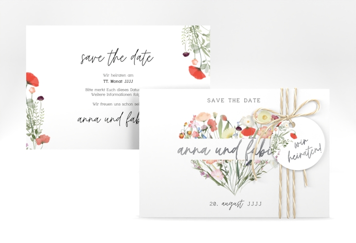 Save the Date-Karte Wildblumenherz A6 Karte quer bunt silber