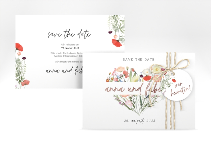 Save the Date-Karte Wildblumenherz A6 Karte quer bunt rosegold