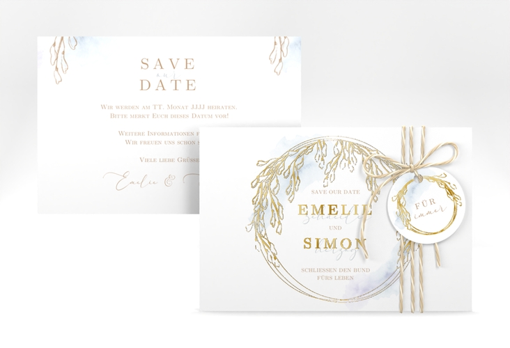 Save the Date-Karte Wisteria A6 Karte quer blau gold mit Blumenbogen aus Blauregen