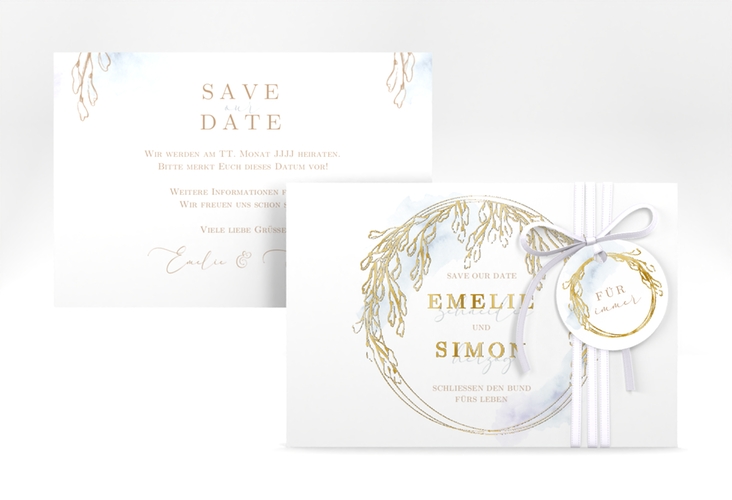 Save the Date-Karte Wisteria A6 Karte quer blau gold mit Blumenbogen aus Blauregen