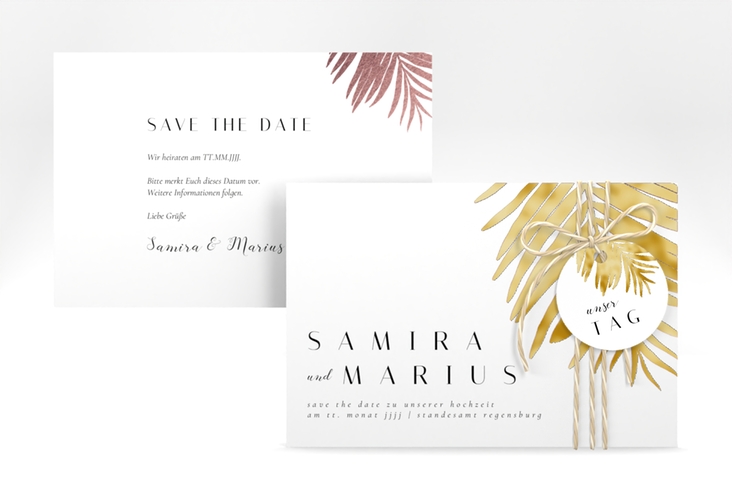 Save the Date-Karte Palmenblatt A6 Karte quer rosa gold mit Palmenwedel