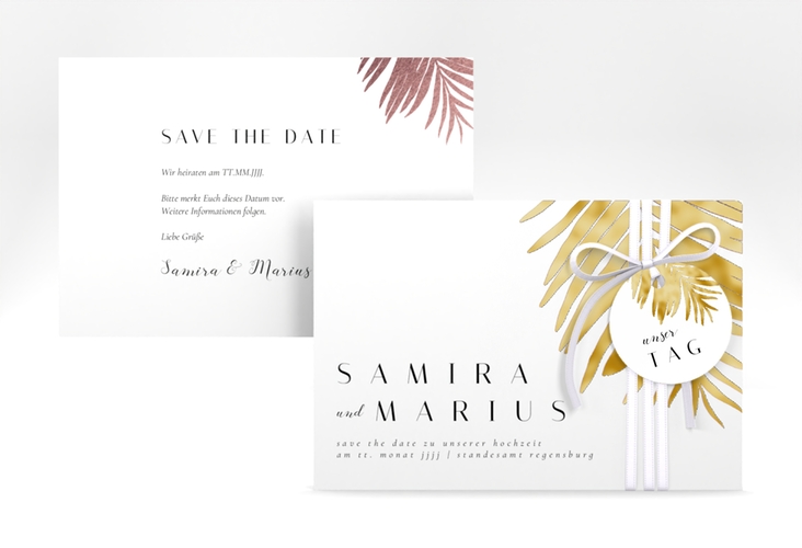 Save the Date-Karte Palmenblatt A6 Karte quer rosa gold mit Palmenwedel