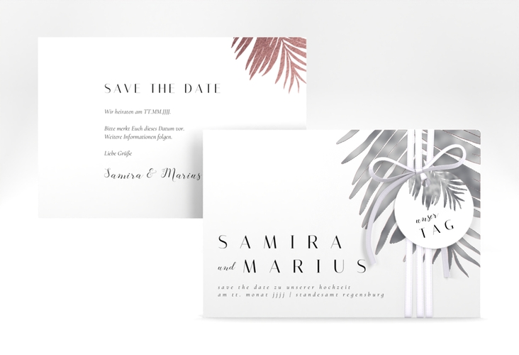 Save the Date-Karte Palmenblatt A6 Karte quer rosa silber mit Palmenwedel