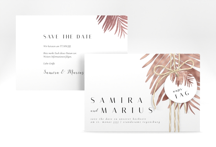 Save the Date-Karte Palmenblatt A6 Karte quer rosa rosegold mit Palmenwedel
