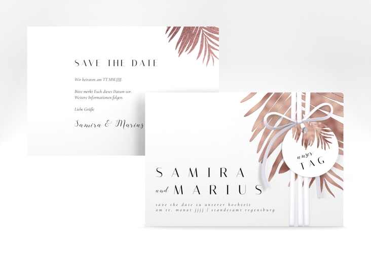 Save the Date-Karte Palmenblatt A6 Karte quer rosa rosegold mit Palmenwedel