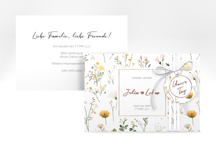 Save the Date-Karte Blumenwiese A6 Karte quer bunt rosegold