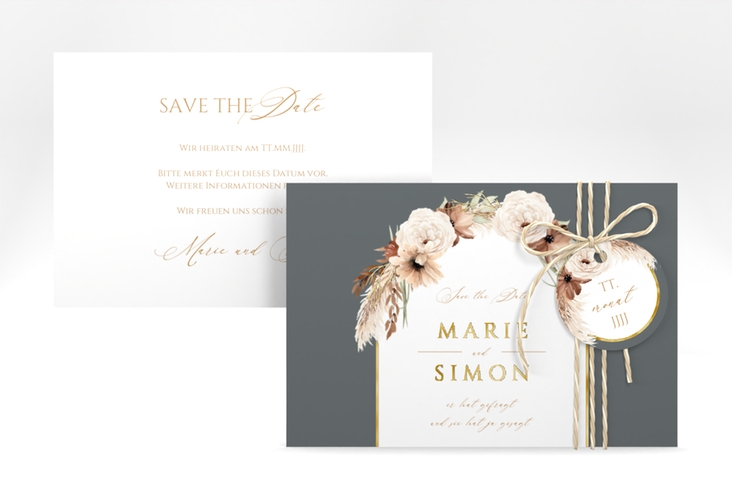 Save the Date-Karte Blumenbogen A6 Karte quer grau gold