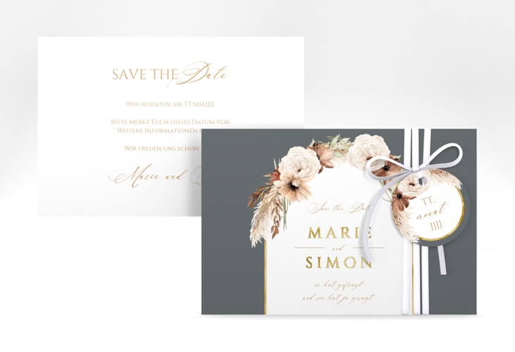 Save the Date-Karte Blumenbogen A6 Karte quer grau gold