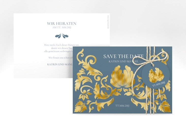 Save the Date-Karte Royal A6 Karte quer blau gold mit barockem Blumen-Ornament