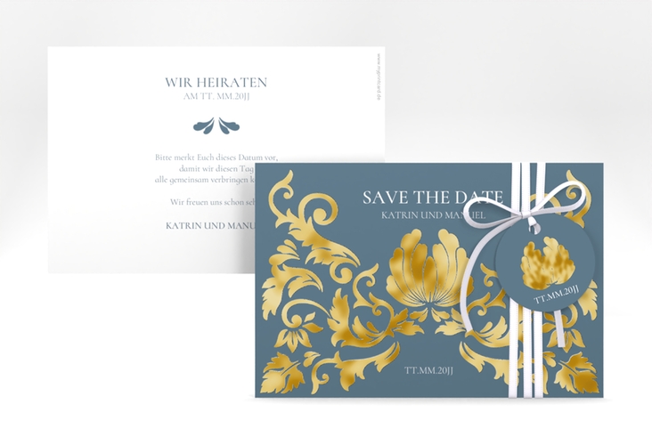Save the Date-Karte Royal A6 Karte quer blau gold mit barockem Blumen-Ornament