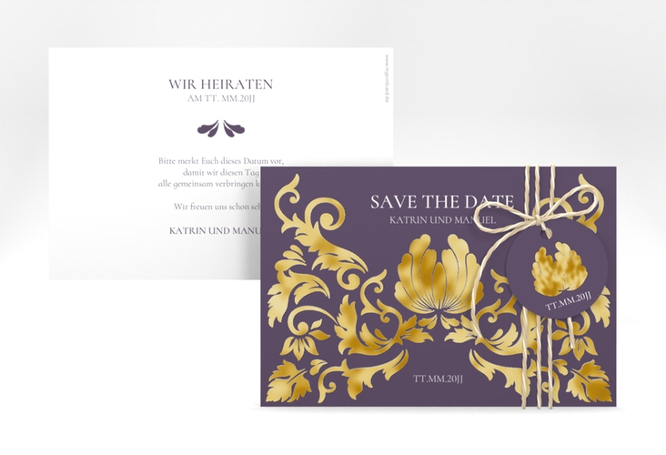 Save the Date-Karte Royal A6 Karte quer lila gold mit barockem Blumen-Ornament