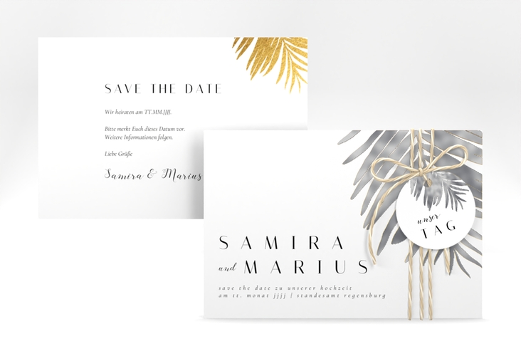 Save the Date-Karte Palmenblatt A6 Karte quer gold silber mit Palmenwedel