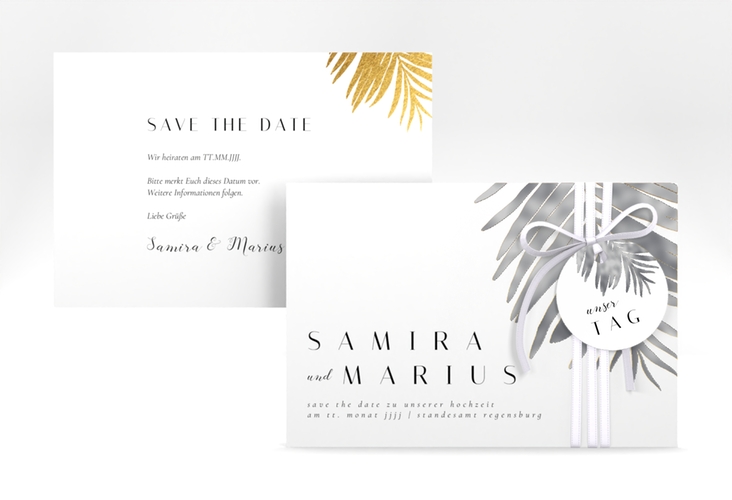 Save the Date-Karte Palmenblatt A6 Karte quer gold silber mit Palmenwedel