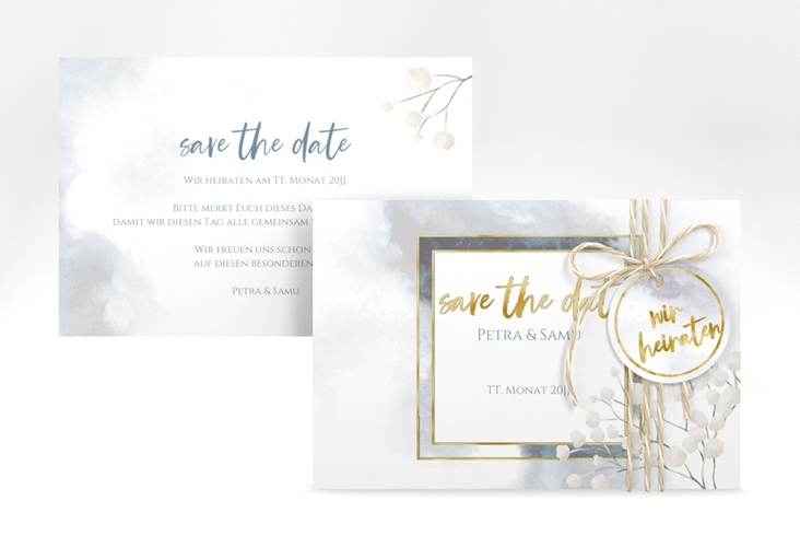 Save the Date-Karte Winter A6 Karte quer blau gold mit Schleierkraut