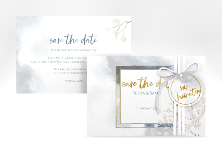 Save the Date-Karte Winter A6 Karte quer blau gold mit Schleierkraut