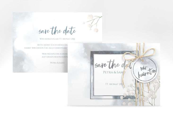 Save the Date-Karte Winter A6 Karte quer blau silber mit Schleierkraut