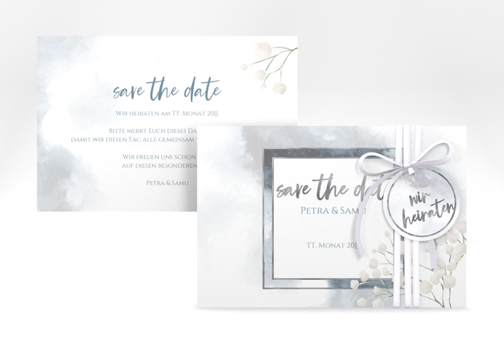 Save the Date-Karte Winter A6 Karte quer blau silber mit Schleierkraut