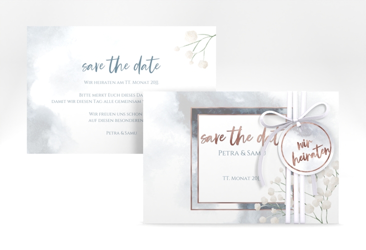 Save the Date-Karte Winter A6 Karte quer blau rosegold mit Schleierkraut