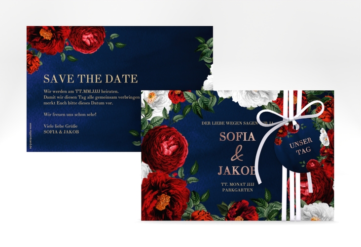 Save the Date-Karte Florista A6 Karte quer blau rosegold