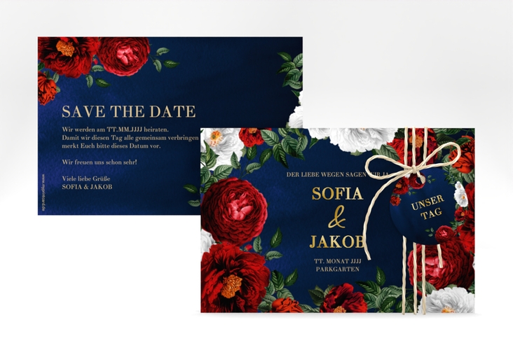 Save the Date-Karte Florista A6 Karte quer blau gold