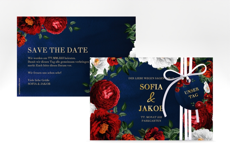 Save the Date-Karte Florista A6 Karte quer blau gold