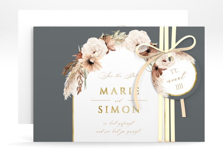 Save the Date-Karte Blumenbogen A6 Karte quer grau gold