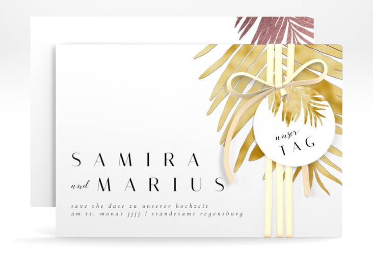 Save the Date-Karte Palmenblatt A6 Karte quer rosa gold mit Palmenwedel