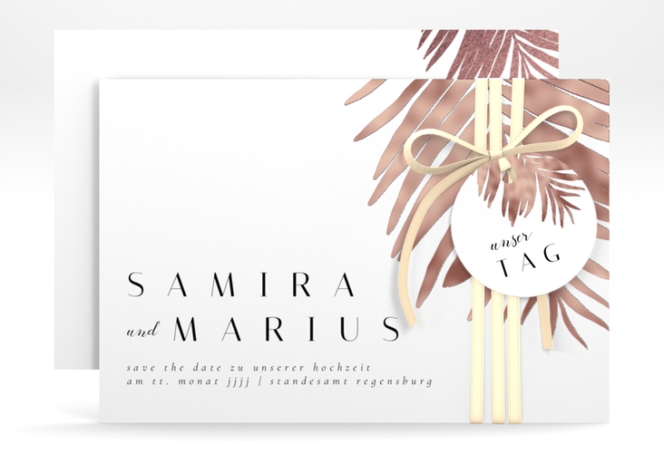 Save the Date-Karte Palmenblatt A6 Karte quer rosa rosegold mit Palmenwedel